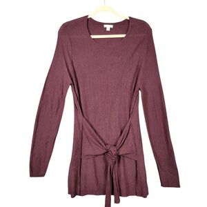 PURE JILL Wine Ribbed Knit Long Sleeve Tie Front Tunic Top SIZE MEDIUM